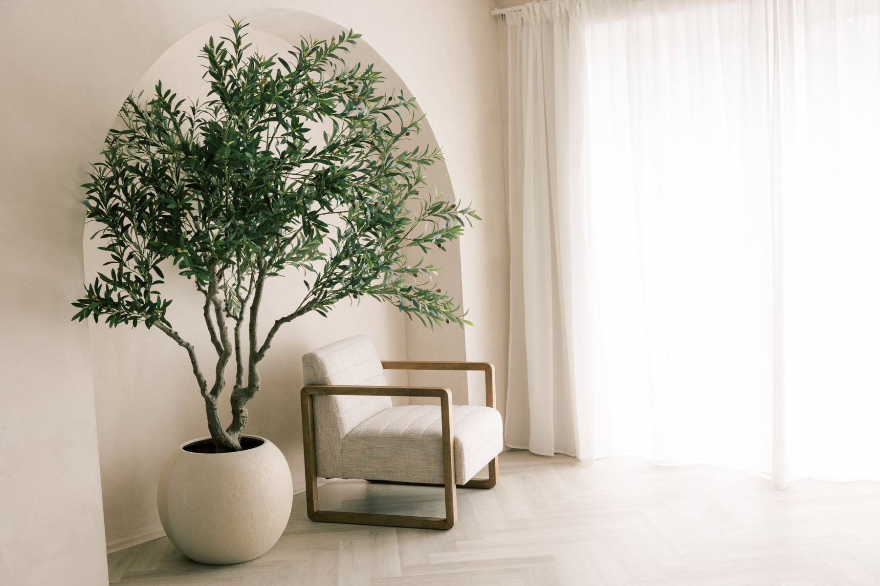 A linen armchair and the olive tree under the arch, lit by tall windows with sheer white curtains